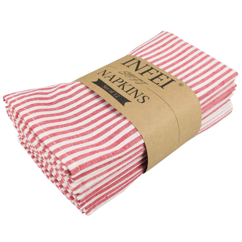 INFEI Plain Striped Cotton Linen Blended Dinner Cloth Napkins - Set of 12 (40 x 30 cm) - for Events & Home Use (Red) - Image 1